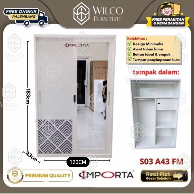 Lemari Pakaian Importa S03 A43 FM / Lemari Baju Besi Sliding Importa
