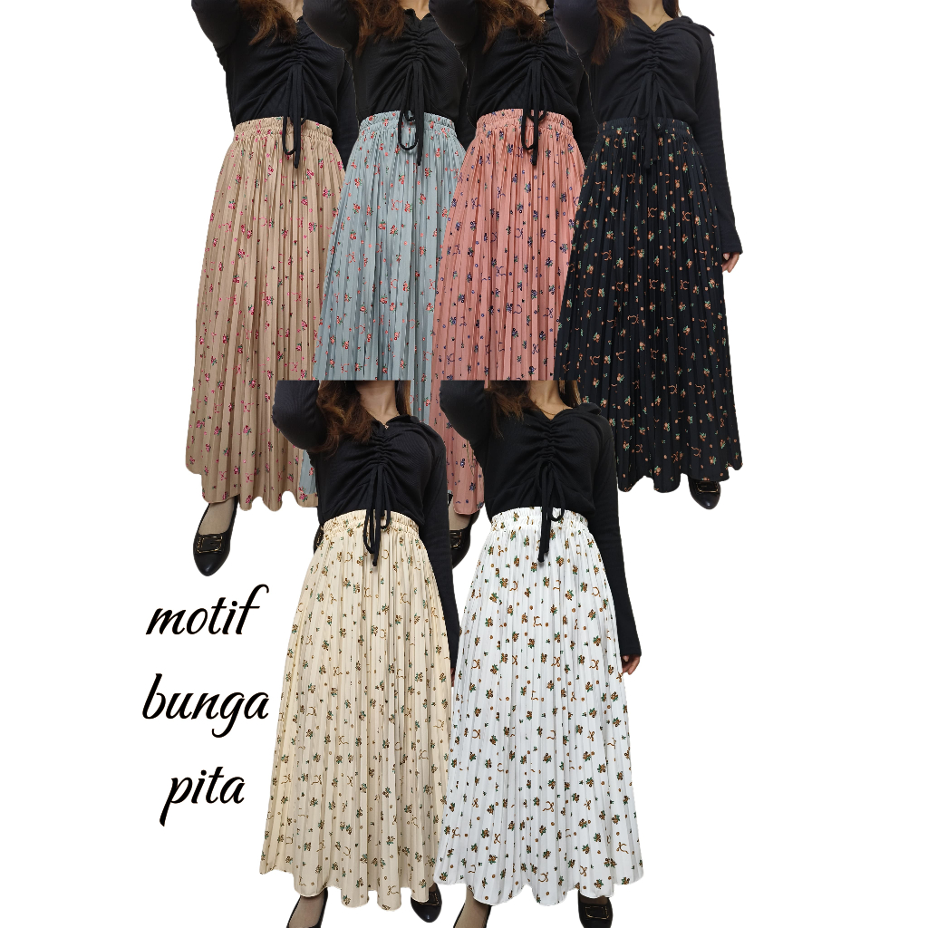 Rok Wanita Bawahan Muslim Plisket Motif Bunga Pita