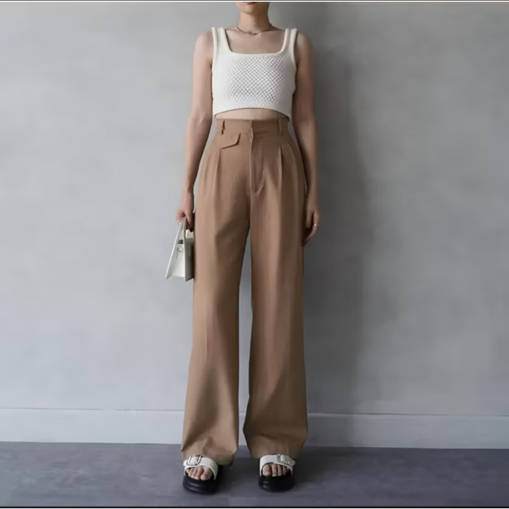 Oro Pants Trousers Wanita Highwaist Variasi Kantong Kain Semi Wool Tebal Celana Kerja Formal Wanita