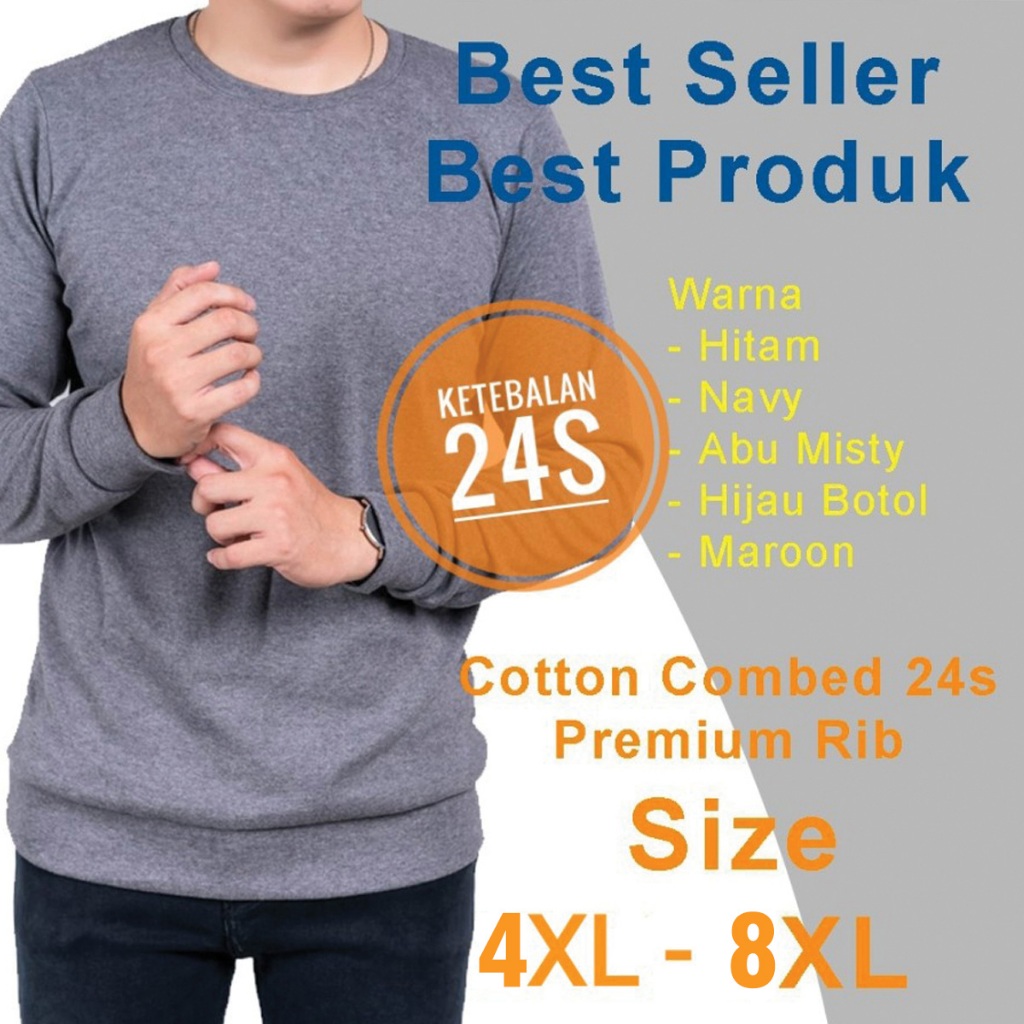 Kaos Polos Size 4XL-8XL Lengan Panjang Rib / Karet 24s Premium Lengan Panjang Pria Wanita