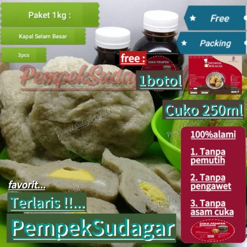 

Pempek paket 1kg isi kapal selam besar 3biji + free 1botol cuko 250ml # All varian (Di vacum) # pempek bandung # pempek enak # pempek ikan tenggiri asli