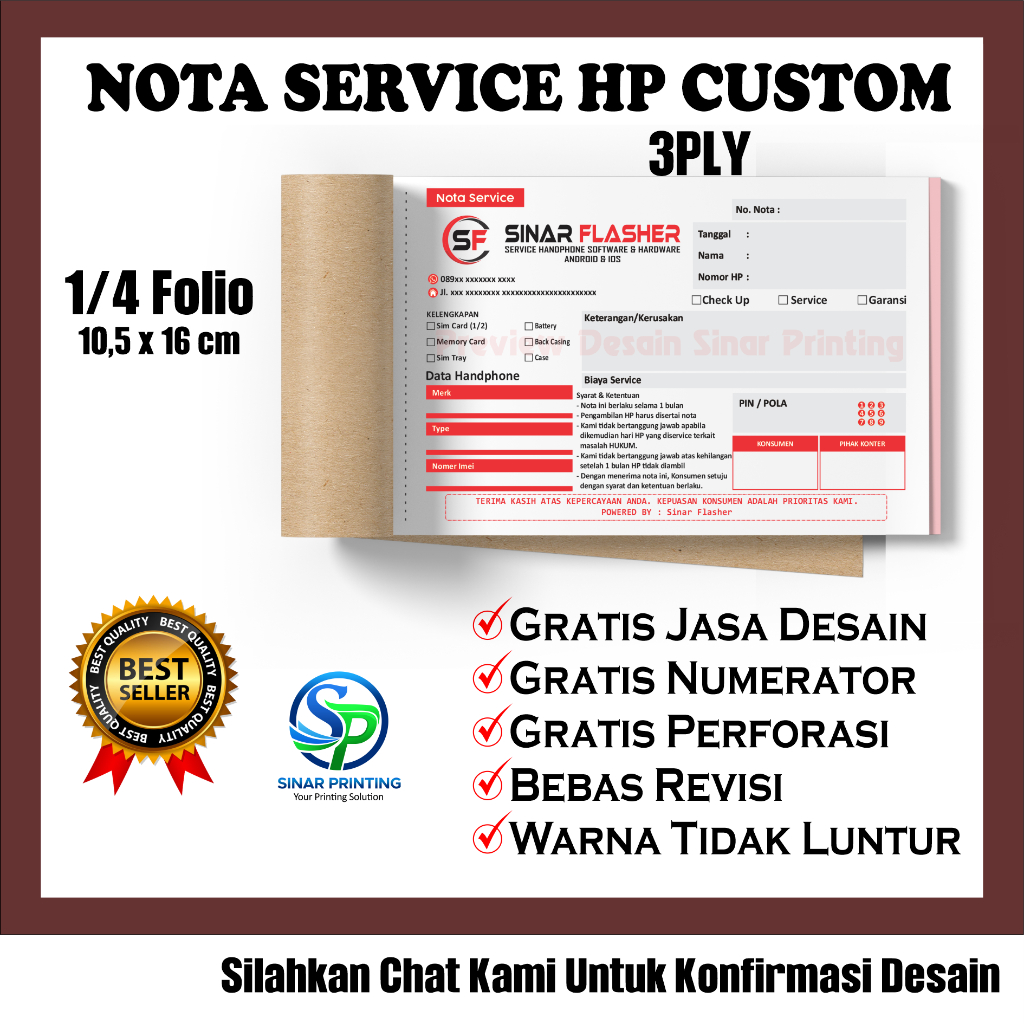 

Cetak Nota Service HP Custom 3PLY ukuran 1/4 folio Custom - Nota Custom Free design