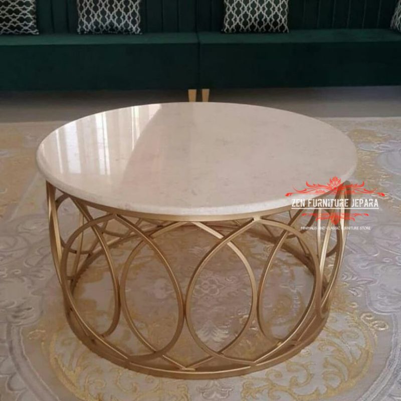 meja tamu bulat top marmer cream D 80 cm