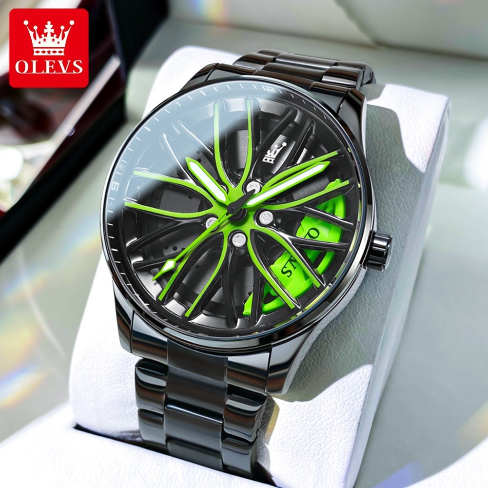 OLEVS Jam Tangan Pria 9937 Men Watch Original Anti Air Kalender Kulit Asli Fashion Analog Hitam