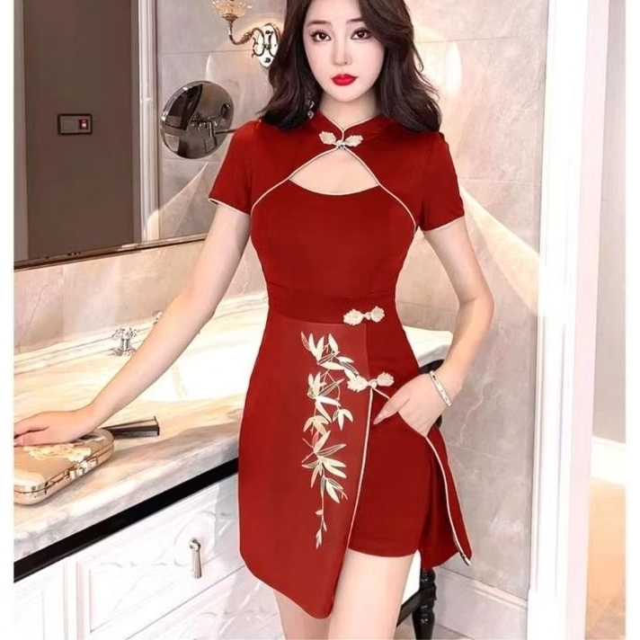 0590 YULIA CHEONGSAM 2PCS CNY Mini dress set celana pendek setcel Chinese New year wanita premium im