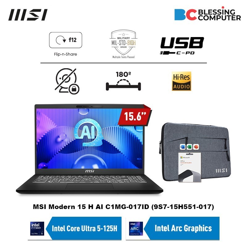 MSI Modern 15 H AI C1MG 017ID 9S7 15H551 017 Core Ultra 5 125H 2x8GB 512GB W11 OHS Classsic Black