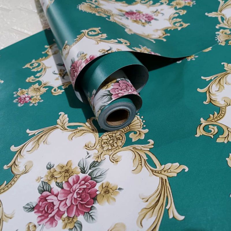 Wallpaper Sticker Dinding Motof Batik Dasar Hijau TERBARU Untuk Dinding Rumah Plapon Rumah Lemari Me