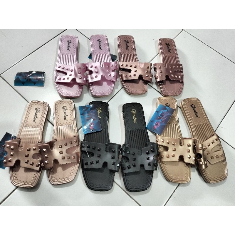 Sandal Dewasa Wanita Model H berduri Shimmer elegan merek Glanzton