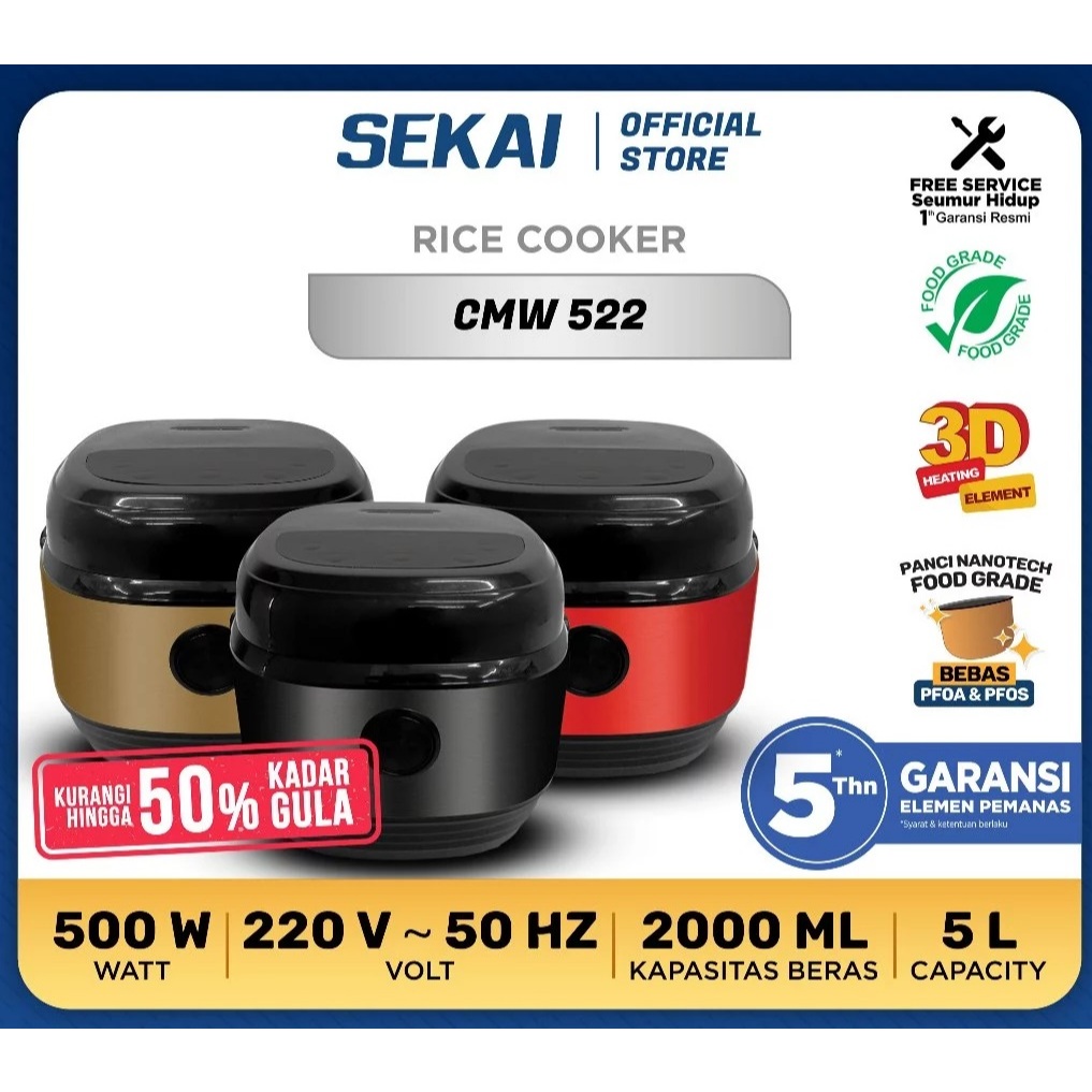Sekai Rice Cooker Digital Low Sugar Low Carbo Anti Gemuk 2L - CMW 522 CMW522