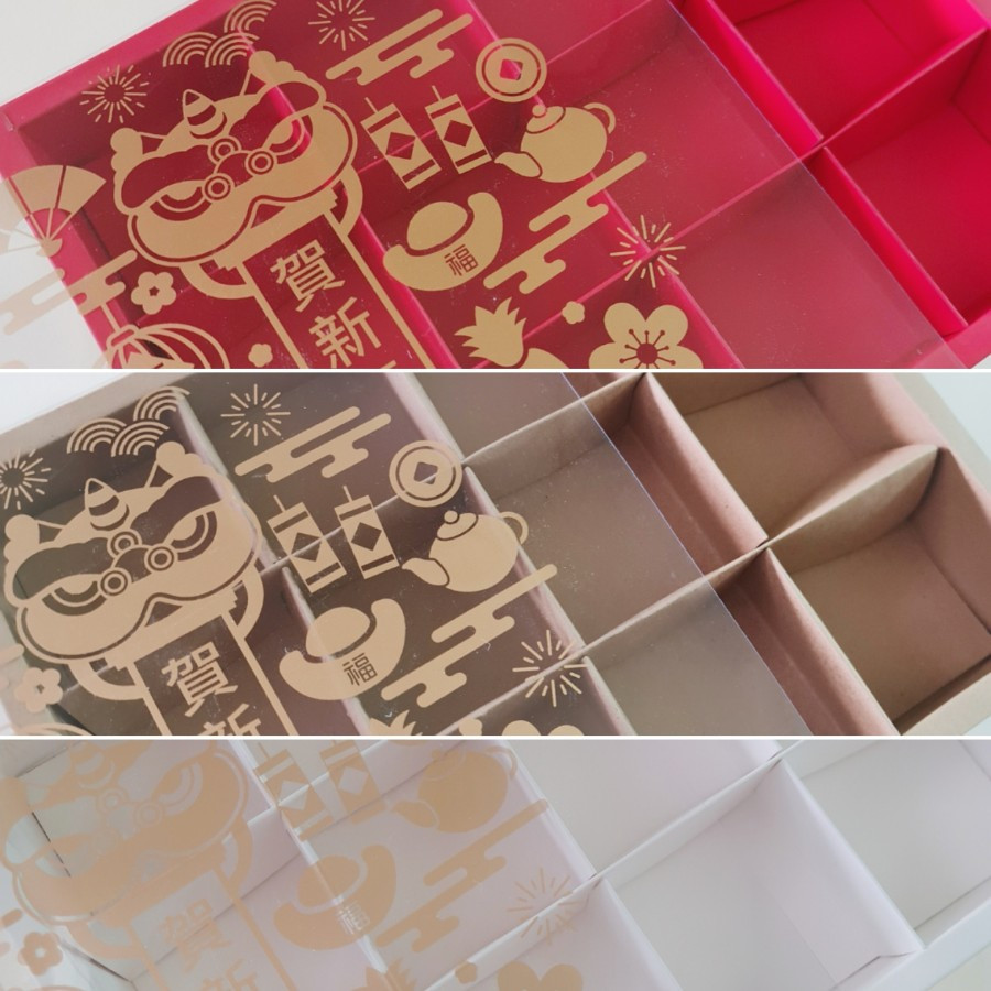 

( 5 pcs ) dus mika tutup motif imlek sekat 12 kotak box packaging kue nastar laminasi doff ukuran 24x31x4.5 cm