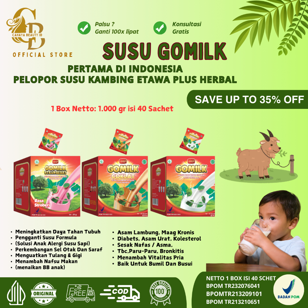 

GOMILK SACHET / 1 BOX netto 1KG isi 40 Sachet / SUSU KAMBING ETAWA PLUS HERBAL