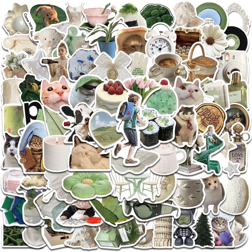 

New INS Gaya Stiker Kucing Lucu Seri Campur Hijau Putih Sederhana Vinyl Anti Air - Sticker Aesthetic Buku Journal Koper Botol Casing HP Tablet Laptop Motor Helm