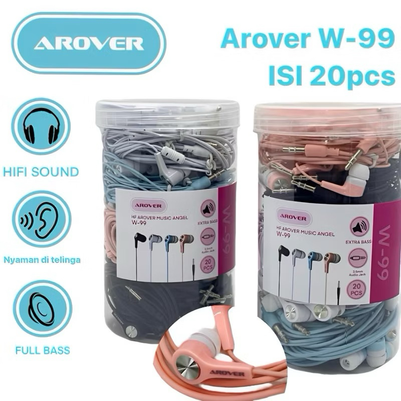 EARPHONE AROVER W-99 MACARON TOPLES ISI 20PCS FULL BASS SUARA JERNIH SUPER NYAMAN HEADSET/HANDSFREE