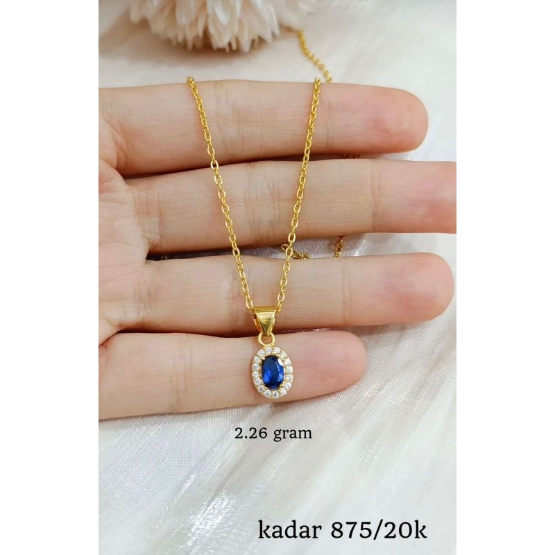Set Kalung Liontin Oval Permata Biru Koleksi Josean Elegant Emas Asli