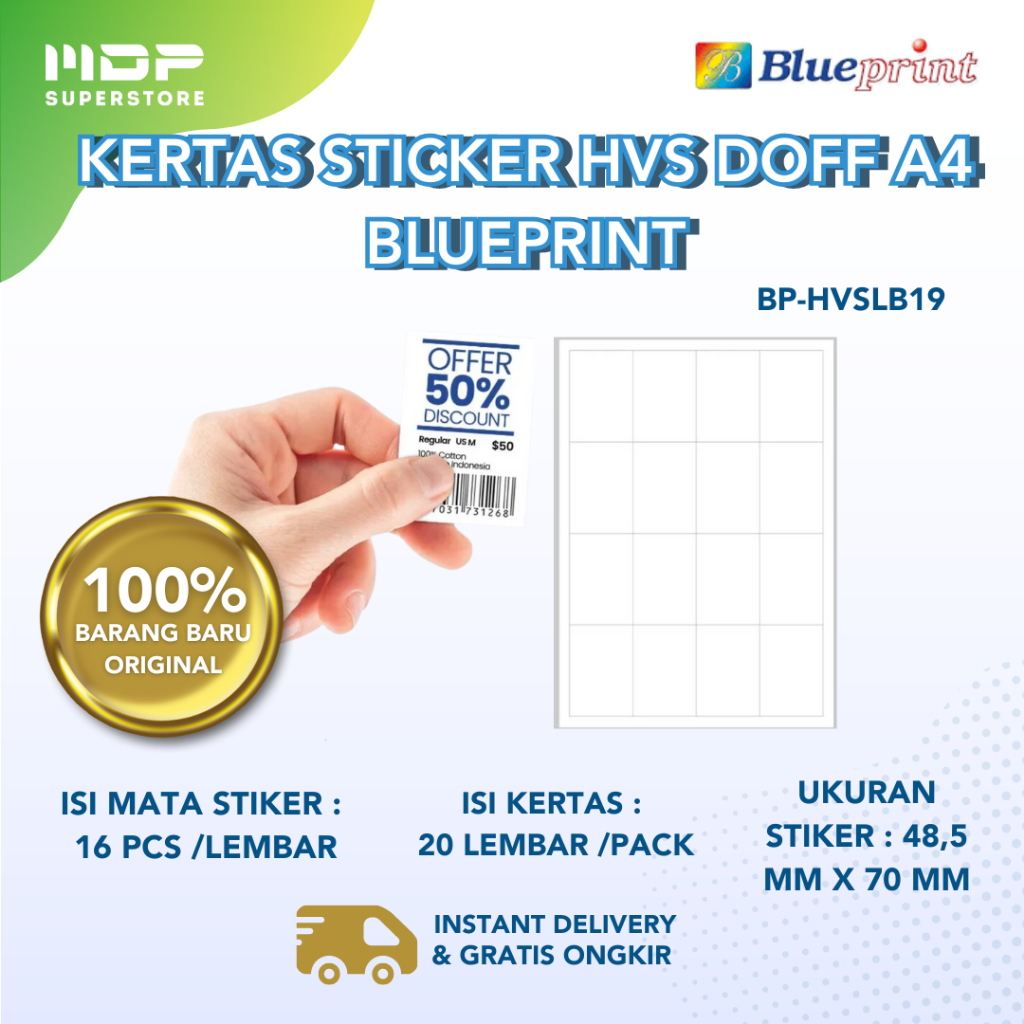 

Kertas Stiker Label HVS Doff A4 BLUEPRINT Uk 48,5 x 70 mm - 20 lembar (BP-HVSLB19)