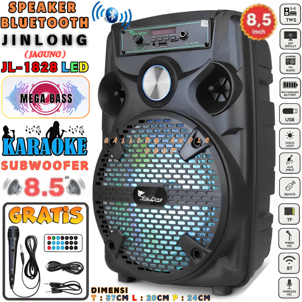 Speaker Bluetooth Jinlong JL-1828 LED 8'5 Inch [ Free 1Pcs Mic Kabel + Remote] | Speaker Karaoke Ful