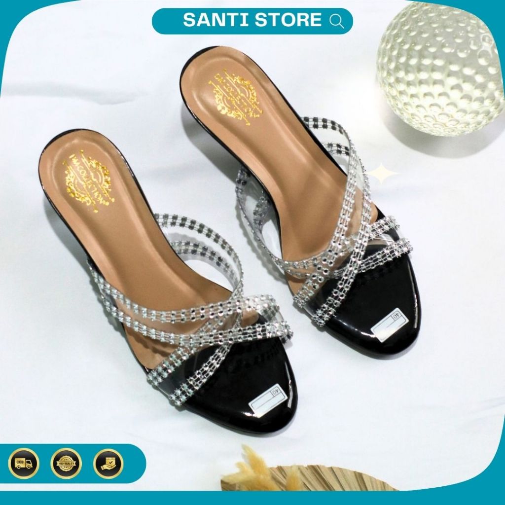 SANTI SHOES - HEELS WANITA SLIP ON HAK KECIL 3CM MIKA BENING MENYILANG VARIASI PAYET BAHAN SINTETIS 