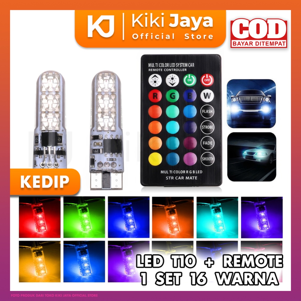 Lampu LED T10 KEDIP RGB + REMOTE 16 WARNA - 1 SET ISI 2 - Untuk Mobil dan Motor SMD 5050 2pcs Kabut 