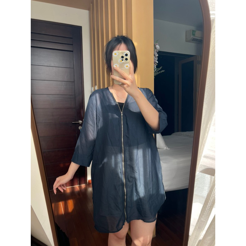 Outer dress tunik panjang zipper katun halus navy biru tua