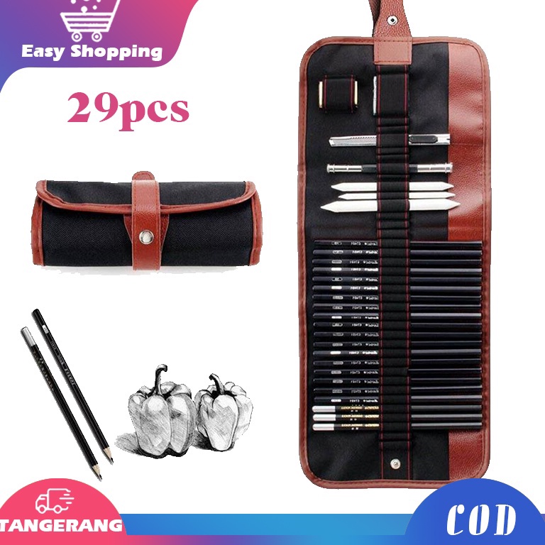

Pasti Murah set 29pcs Drawing Pencil SetPensil Gambar Sketsa Pisau PenghapusDengan Pouch Serut