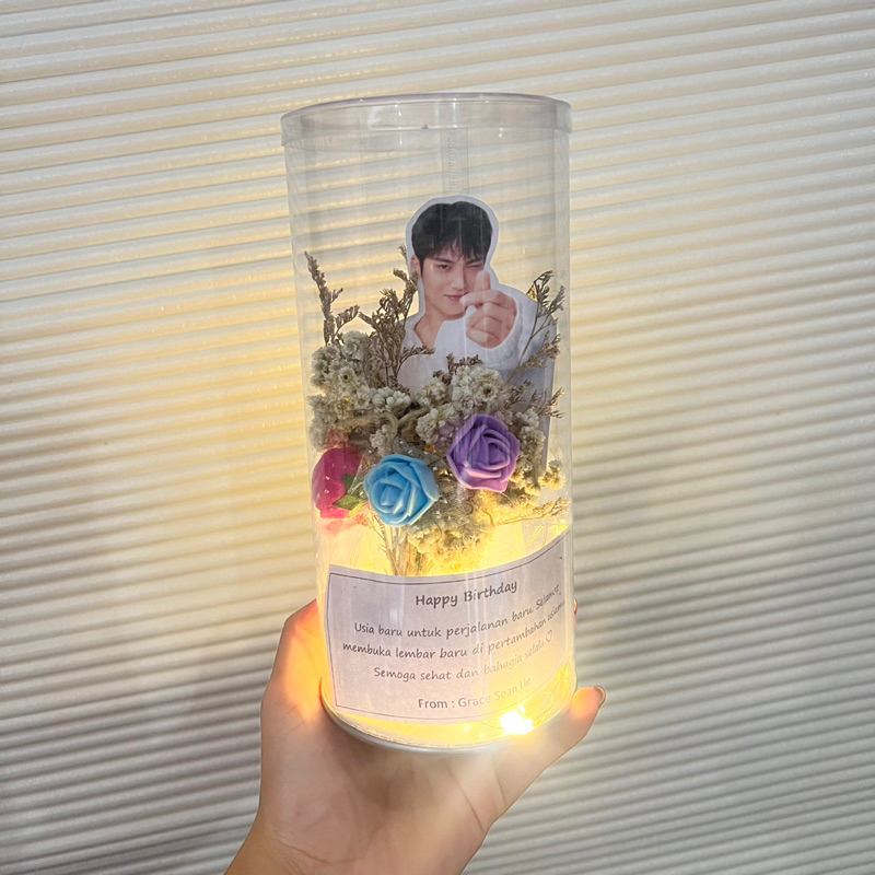 tabung hadiah hiasan pajangan plastik mika bunga dried flower buket bouquet request custom foto phot