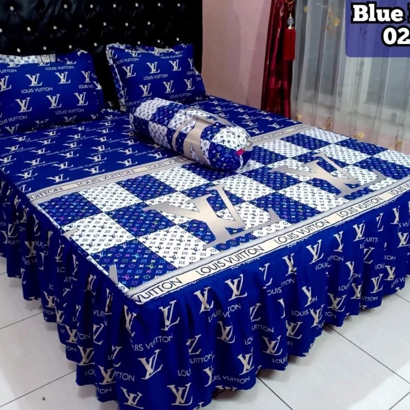 Harga Miring Sprei Rumbai Lv biru KingQueenDoubleSingle Bahan katun Free 2 sarung bantal 2 sarung gu