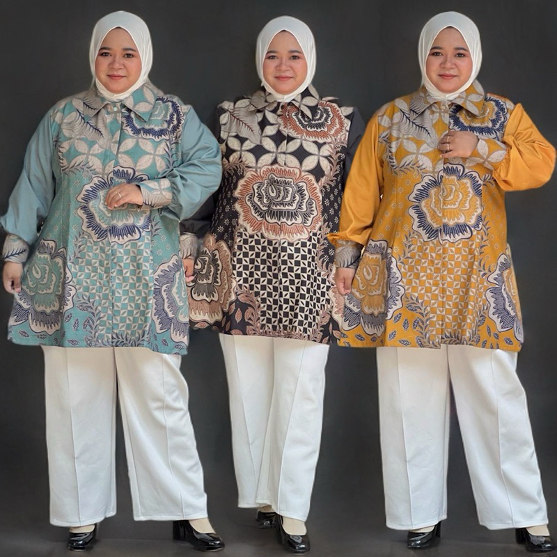 ATASAN BATIK KERJA WANITA JUMBO BIG SIZE LD 120 130 140 150 CM KANCING DEPAN Kerah Katun  Formal Toy