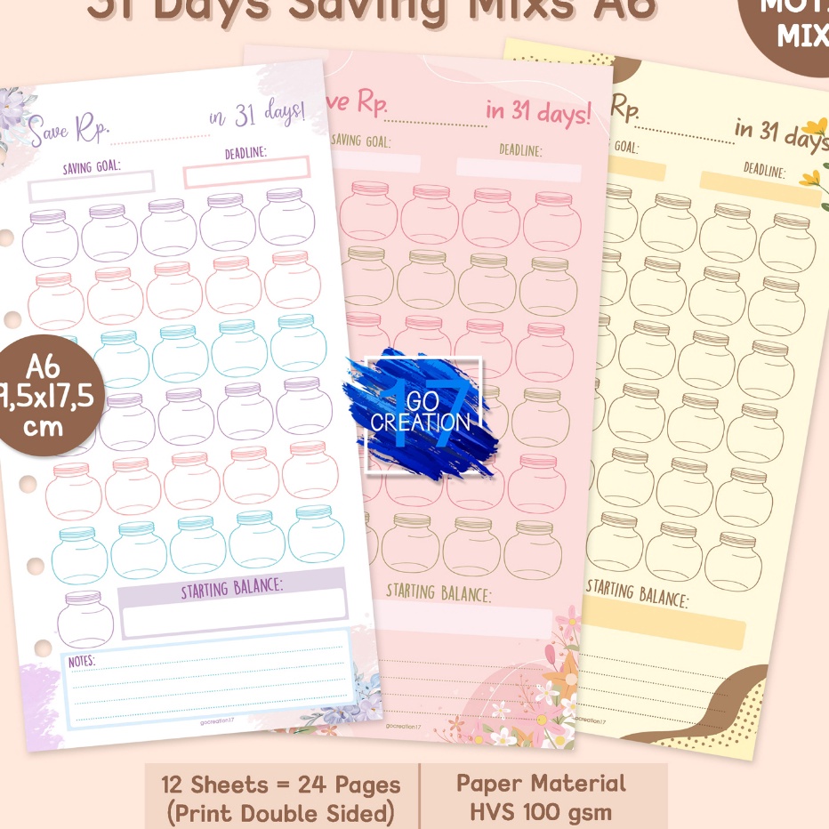 

Ekstra Buku Planner Refill Kes Binder Tantangan Nabung 31 Day Saving Challenge Motif Premium A6