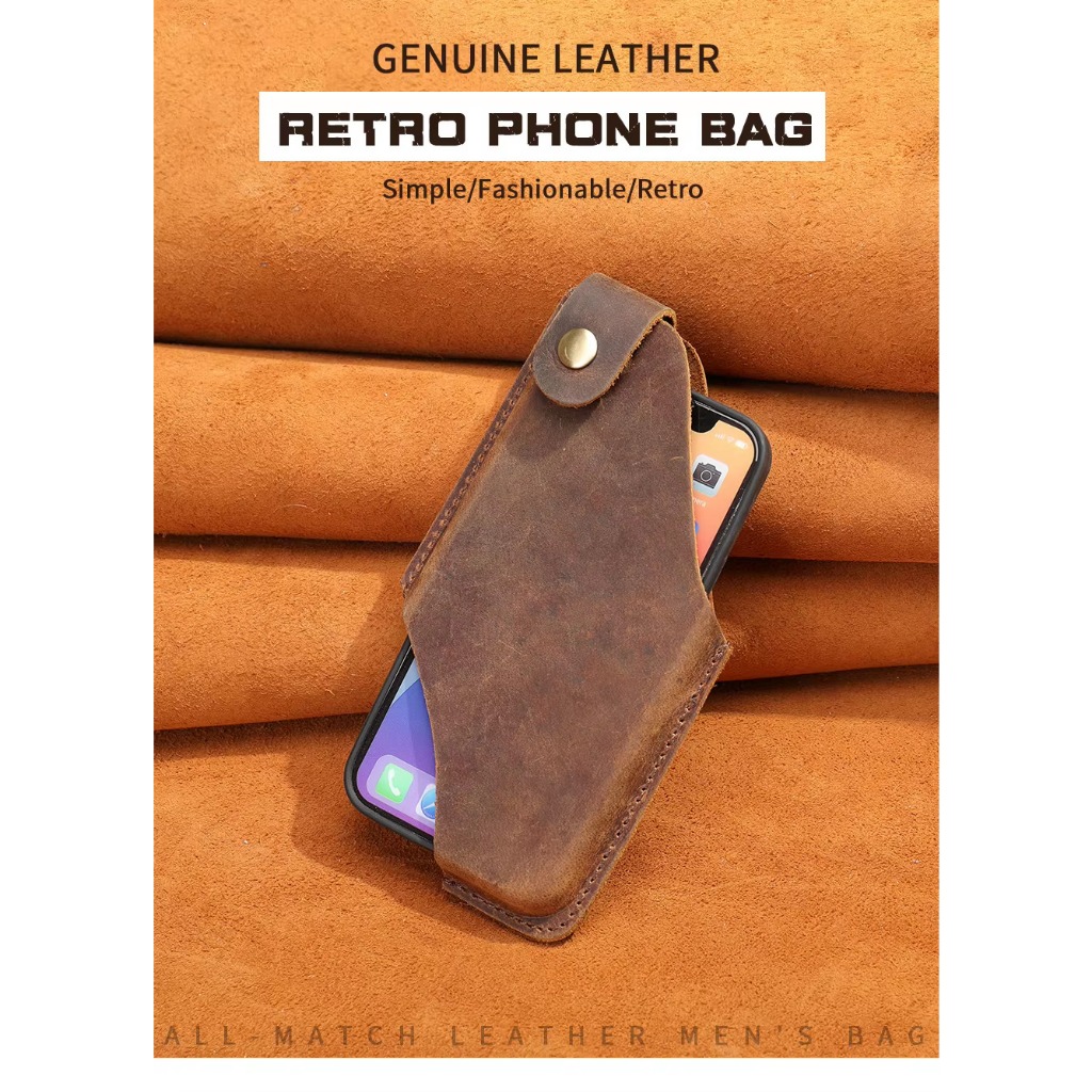 Sarung Ponsel Kulit Asli Pria - Tas Pinggang Sabuk Muat HP 6.7 Inci