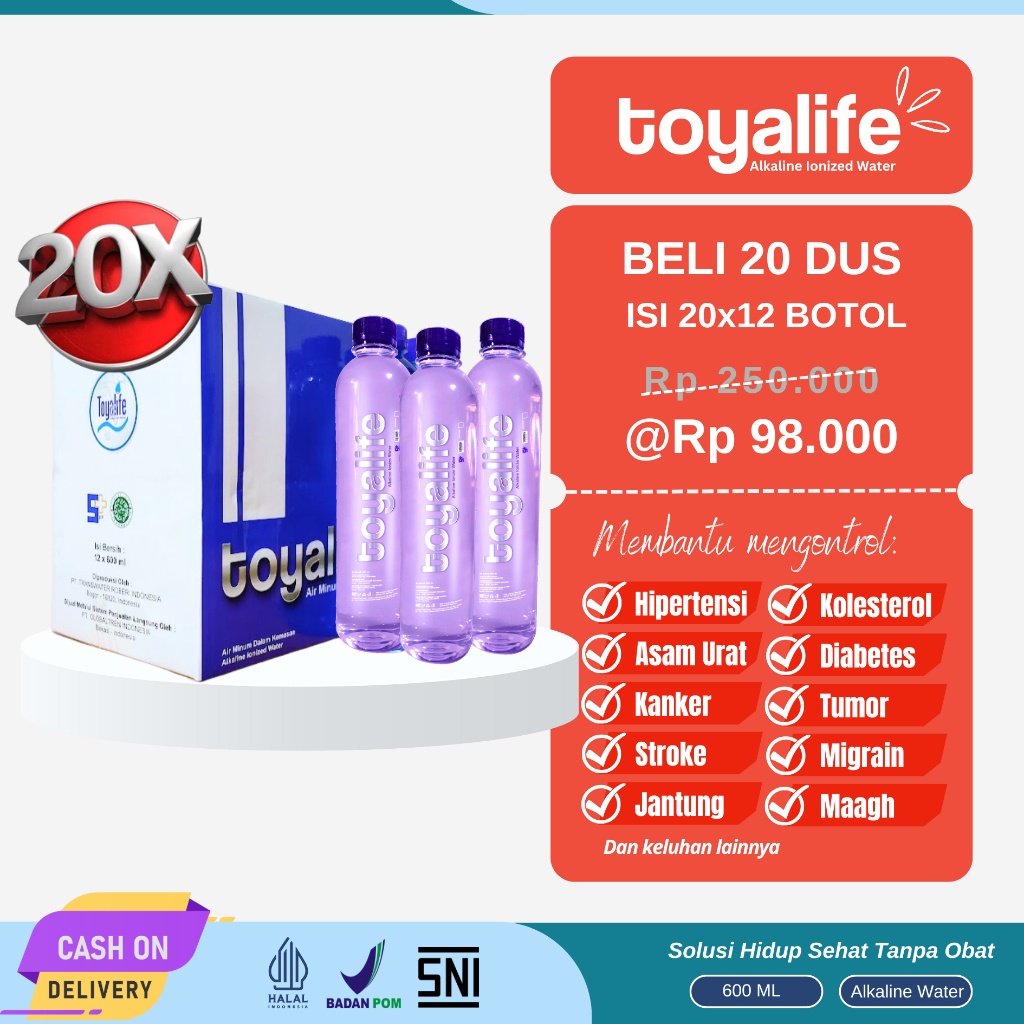 

[BELI 20 DUS] Toyalife Air Minum Kesehatan Alkali pH 9 Untuk Detok Menetralkan Asam Tubuh Terapi Kanker Diabetes Hipertensi Asam Urat Lambung Stroke