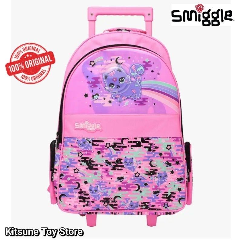 Smiggle Away Trolley Backpack Bag Pink Cat With Light Up Wheels Original - Tas Troli Ransel Kucing A