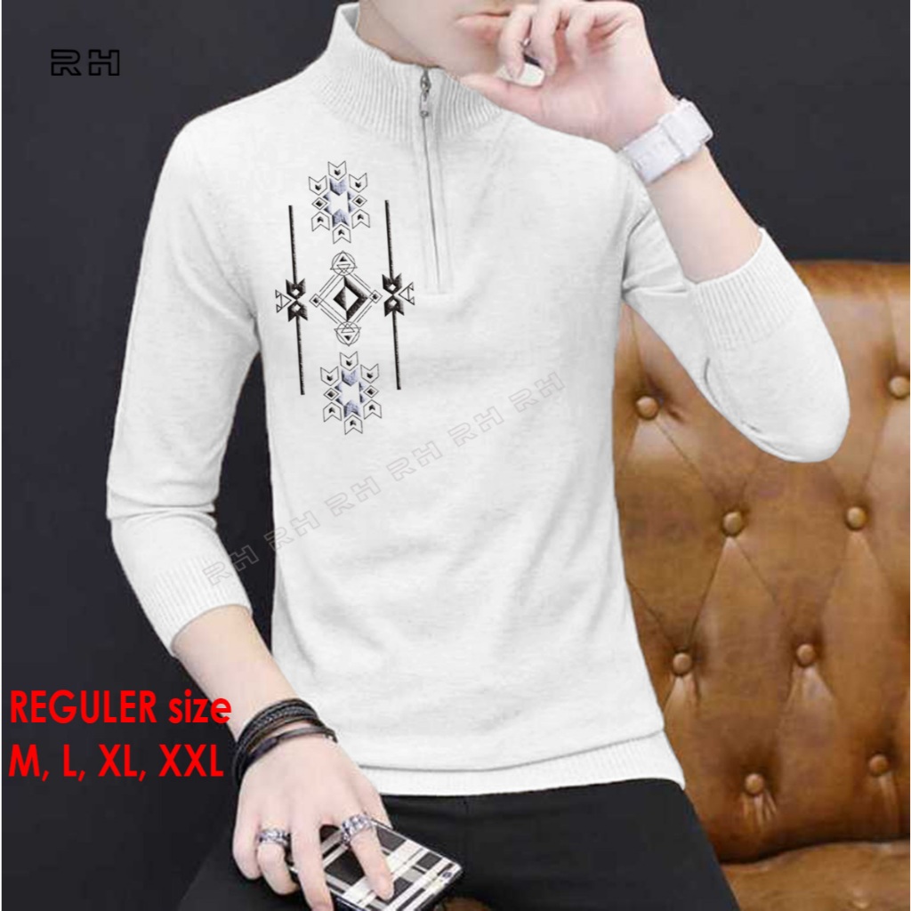 Baju rajut koko pria kerah resleting zipper zipko RH motif bordiran Geometris modern leher tinggi tu