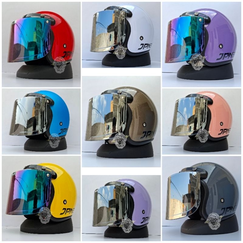 Helm JPN Original satu set dengan kaca datar silver dan kaca datar pelangi