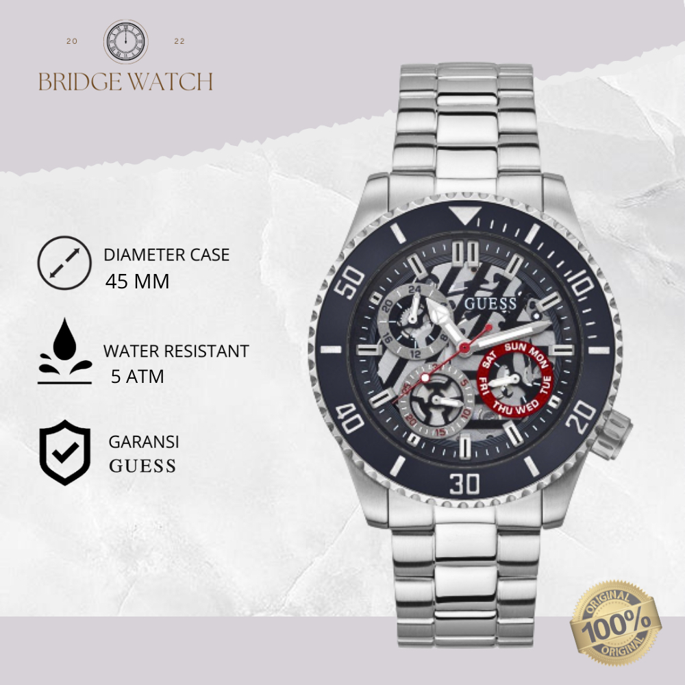 Jam Tangan Pria Guess GW0488G1 Axle Multicolor Dial Silver Stainless Steel Strap Mewah Casual Origin