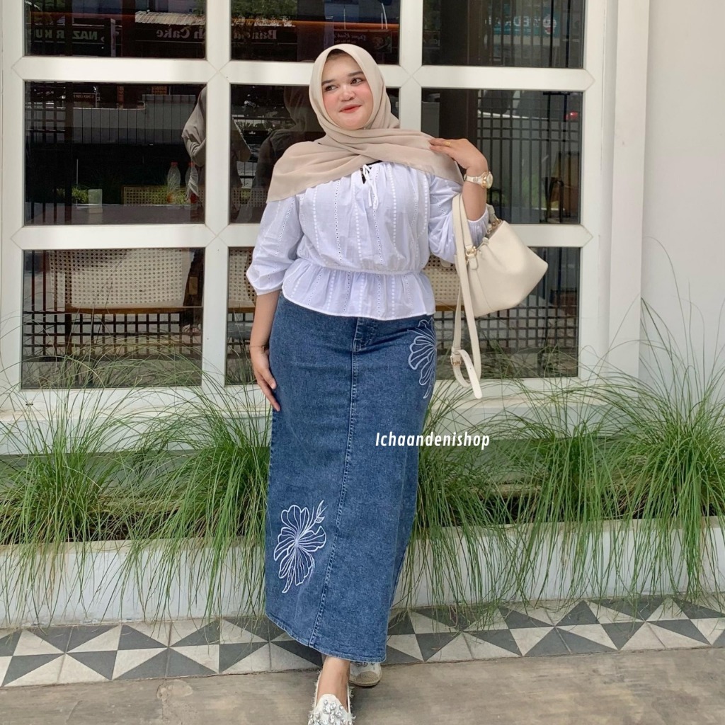 ICH - Valen Rok Jeans Bordir Flower Bigsize Rok Span Jeans Bordir Bunga Wanita Jumbo