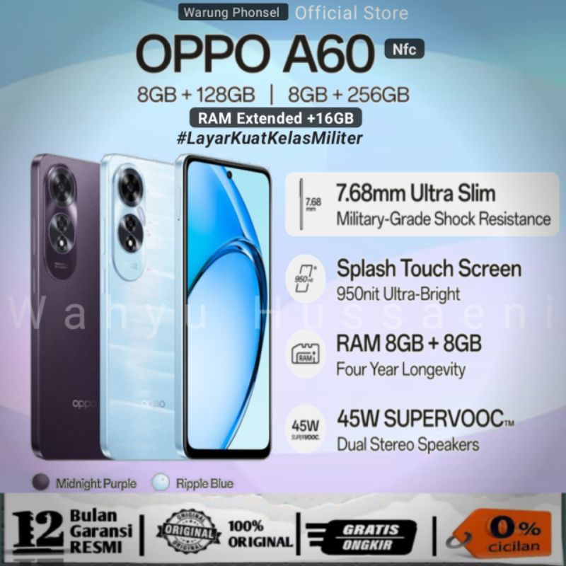 Oppo A60 Nfc Ram 8GB+8GB*/128GB & Ram 8GB+8GB*/256GB [ +16GB Extended RAM ] | 100% Original GARANSI 