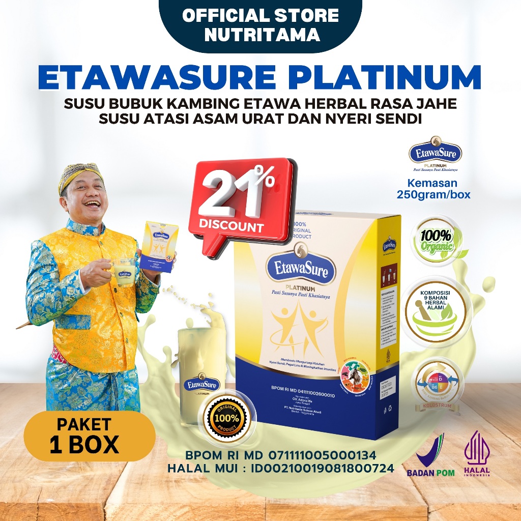 

Etawasure Susu Kambing Etawa Platinum Untuk Asam Urat Nyeri Sendi dan Pegal Linu Paket 1 Box