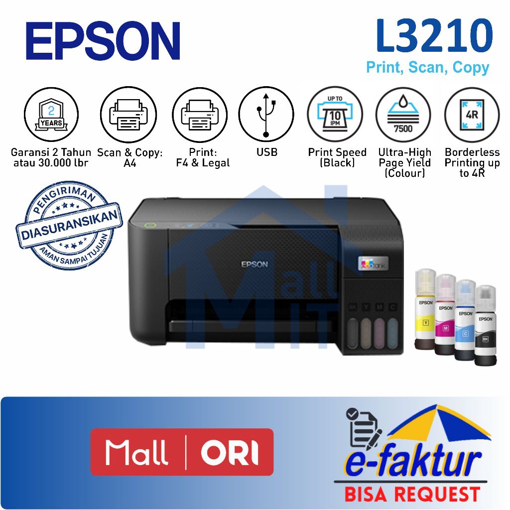 MALLIT EPSON Printer Epson L3210 L-3210 L 3210 3 IN 1 Pengganti Epson L3110 Print Scan Copy A4 All i