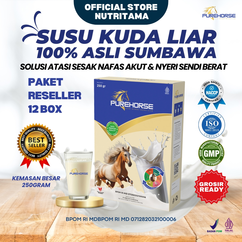 

Susu Kuda Pure Horse 100% Original dari Sumbawa Untuk Keluhan Sesak Nafas Akut dan Nyeri Sendi Berat Kemasan 250gram Paket 12 box