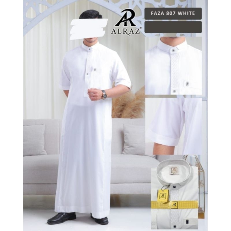 Jubah Alraz Model FAZA Lengan Pendek Khusus Putih HS-807 - Bahan Katun Premium - Motif Polos Elegan