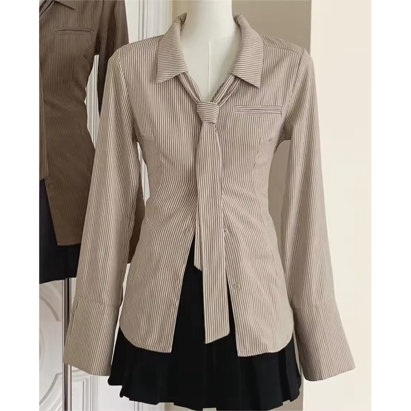 Baju Blouse Kemeja Wanita Vintage Stripe Shirt Cream Garis