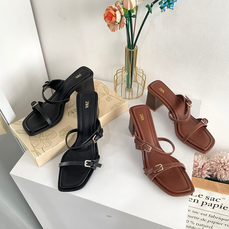 Strappy chunky heels 10cm by Zara high quality fashion shoes sandal wanita hak tahu pesta kantor ker