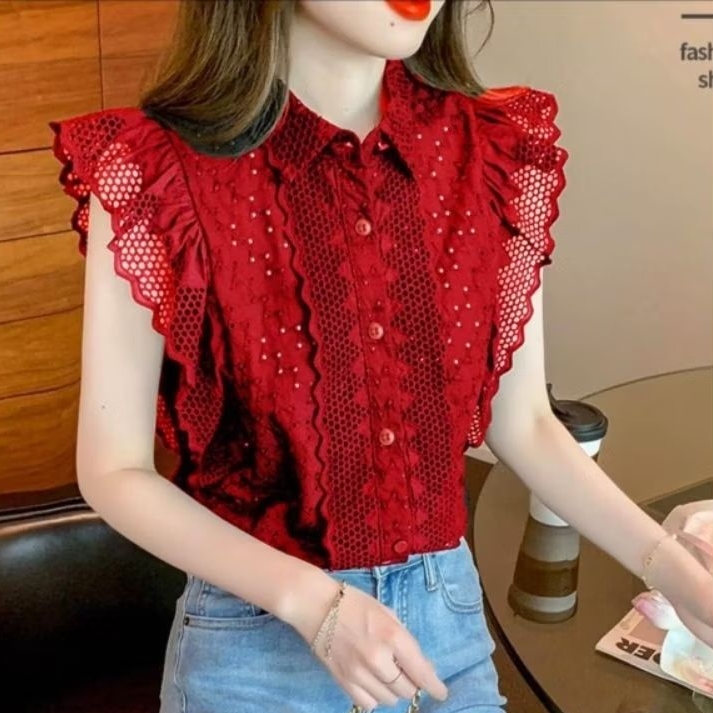 2191 Baju atasan kemeja blouse JOLA RUFFLED EMBROIDERED COTTON merah Korean style wanita premium imp