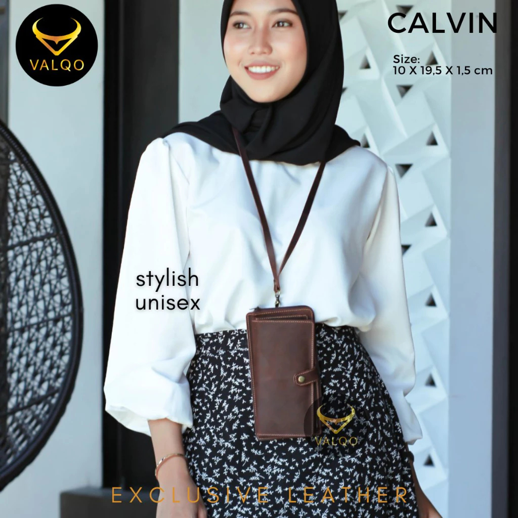 Dompet Panjang Unisex Dompet Kalung Leher CALVIN 100% Kulit Sapi Asli Premium Untuk Pria Wanita