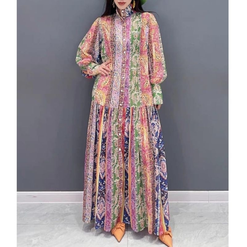 17513 Pakaian kostum maxi long dress dres full kancing leher kerah turtle neck motif bunga bunga gam