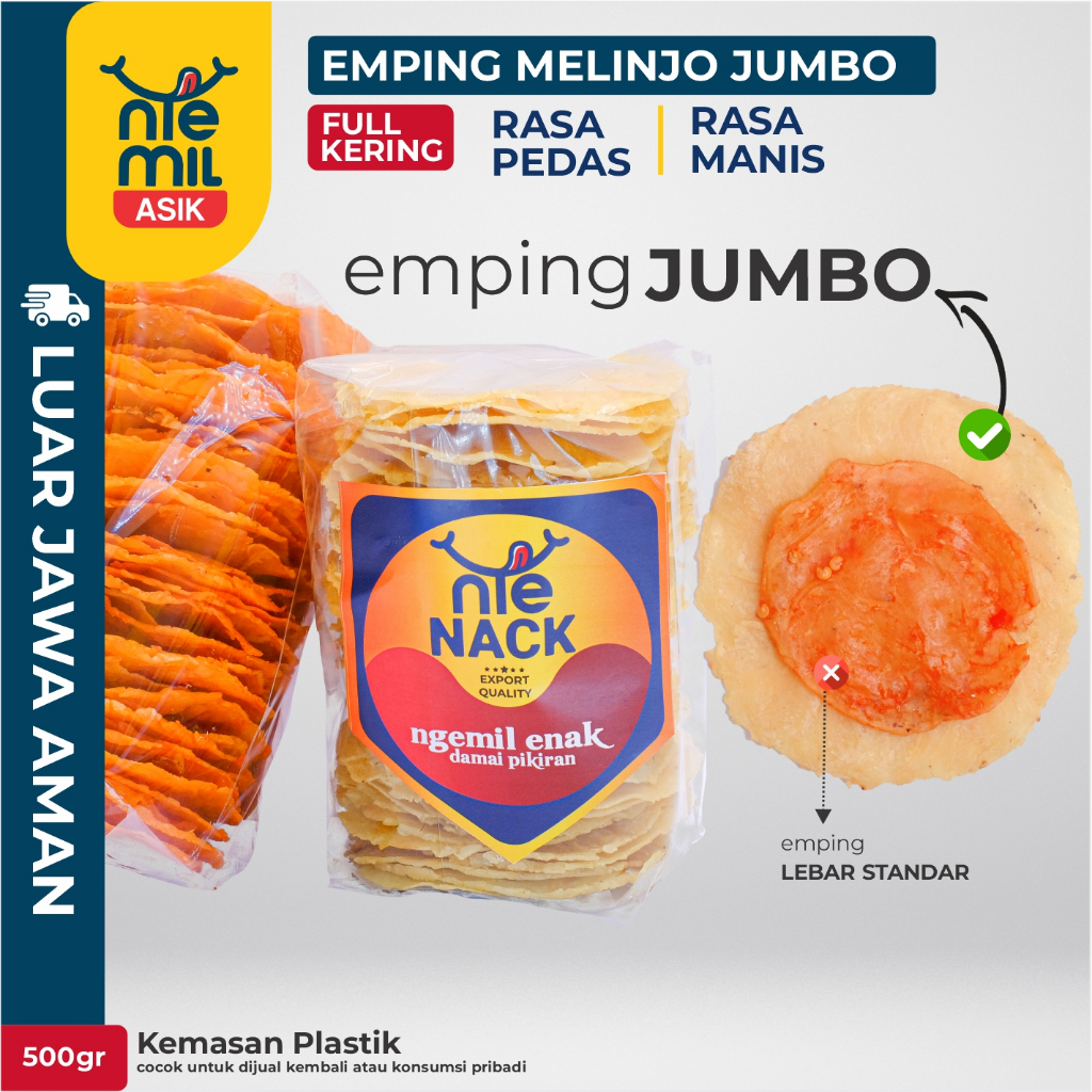 

Emping Melinjo Jumbo Rasa FULL KERING - Rasa Pedas / Rasa Manis ukuran Jumbo Kemasan Plastik 500gr