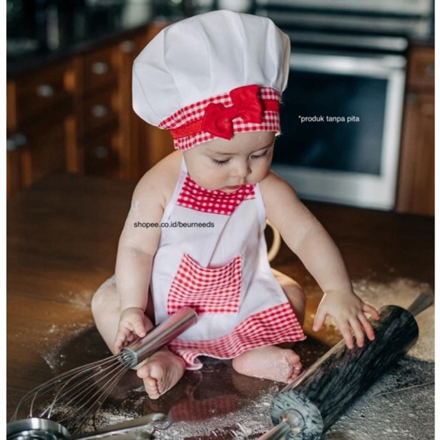 TERMURAH apron bayi KOTAK MERAH celemek bayi kostum koki bayi celemek photoshoot baju koki bayi foto
