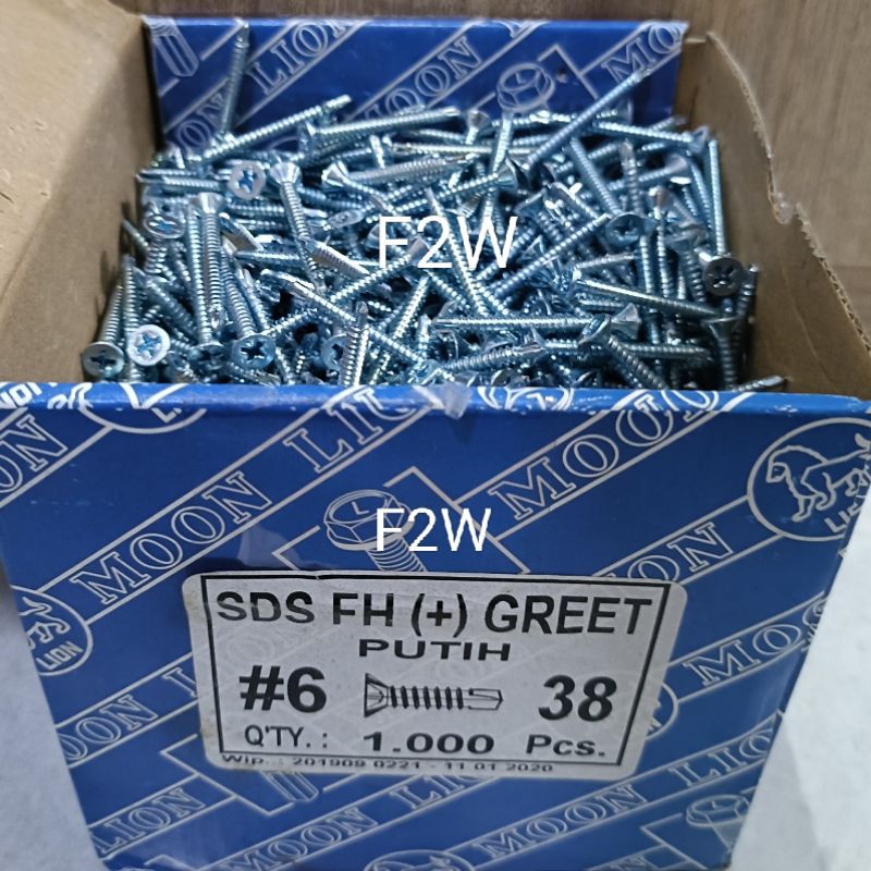 SDS GRC 6X38 PUTIH MOON LION SEKRUP SDS FH (+) GREET #6X38 SDS SCREW 6X1-1/2" ROOFING GRC