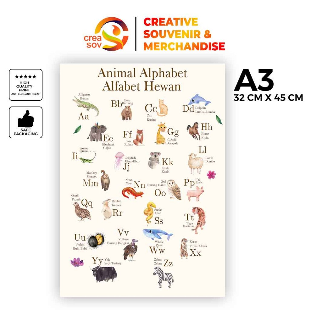 Creasov - Poster Alfabet A-Z Poster Alfabet Hewan Poster Mengenal Huruf Poster Edukasi Hewan Edukasi