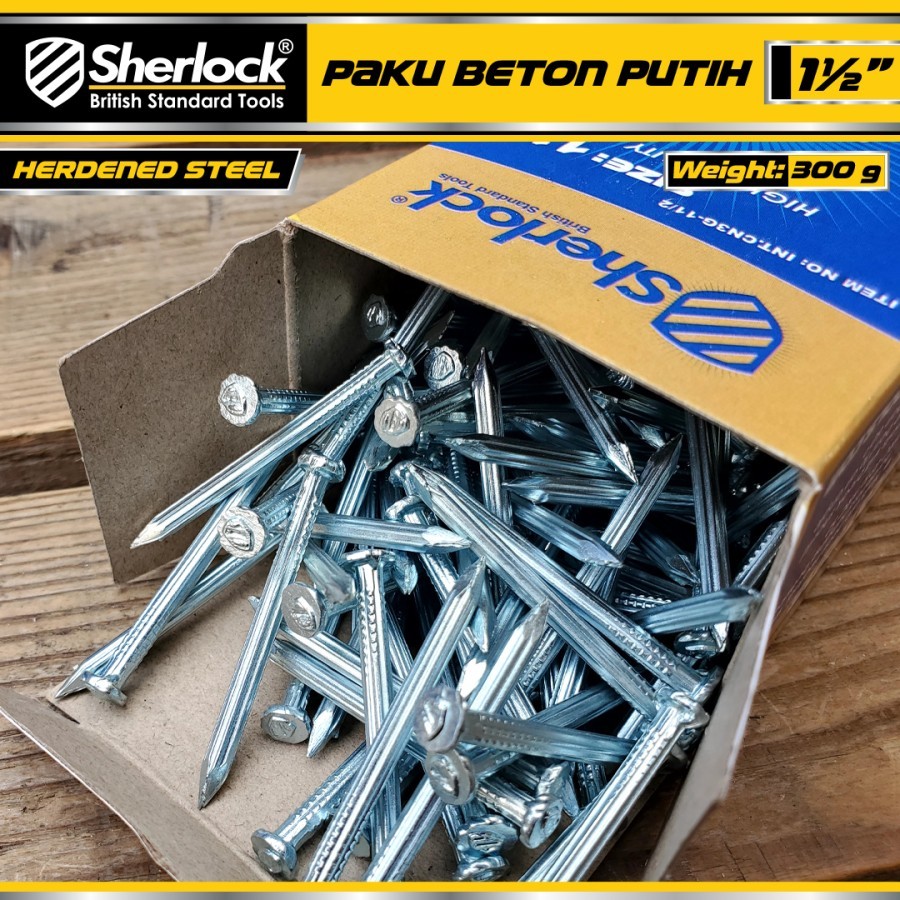 Paku Beton Galvanized Sherlock ukuran 1.5 inch ( 1 1/2" ) (kekerasan 48-52 HRC) 1 Kotak Berat 300 Gr